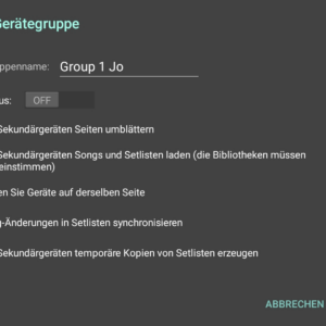 Tablets oder iPads verbinden mit MobileSheets - Optionen der Gerätegruppen, Seiten umblättern und Setlisten laden