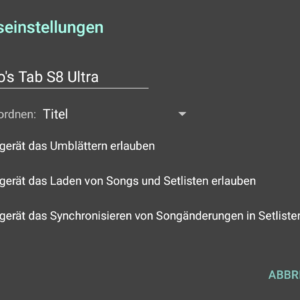 Tablets oder iPads verbinden mit MobileSheets - Verbindungseinstellungen, Umblättern, Laden von Songs und Setlists erlauben