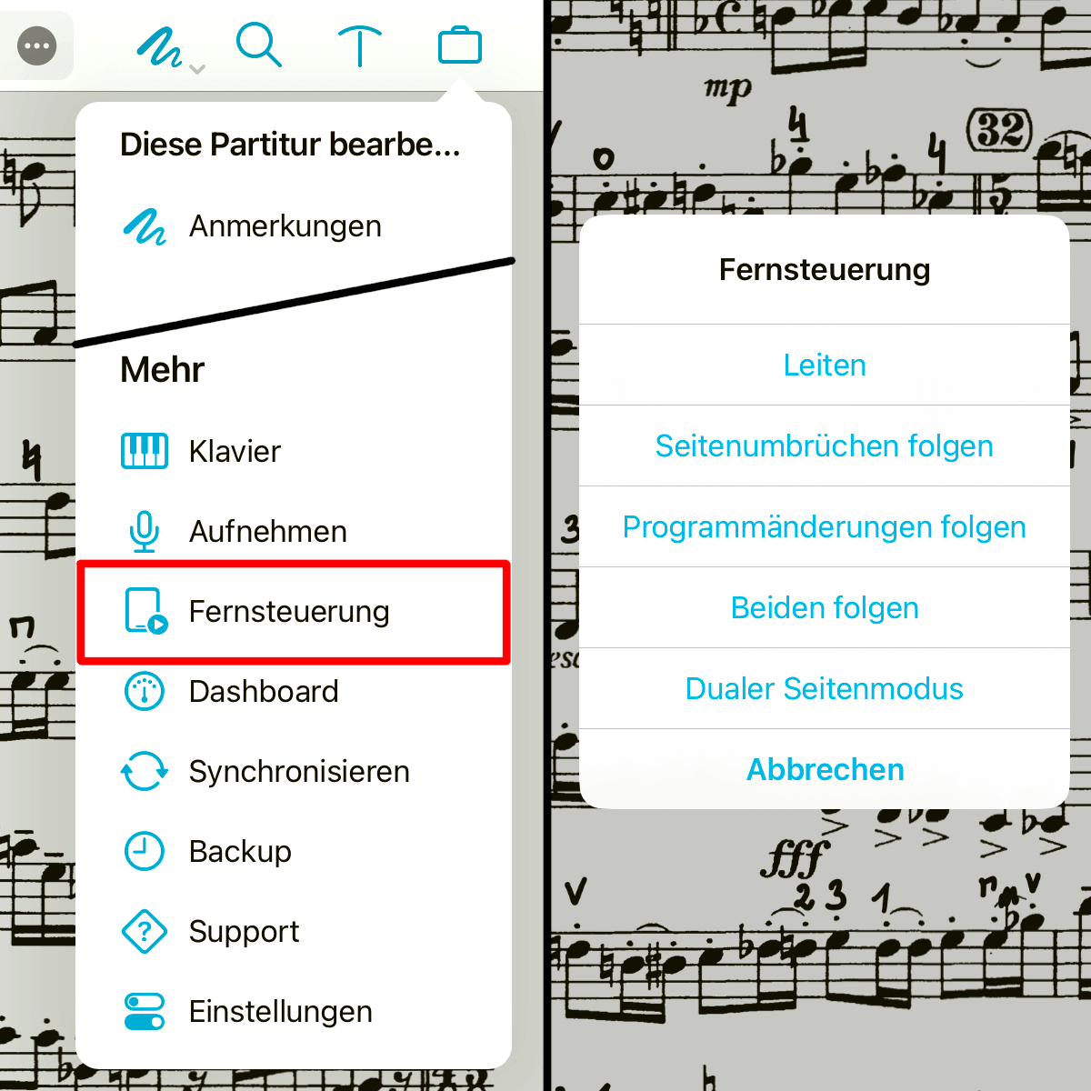 forScore Cue auf dem iPad - Fernsteuerung, Leiten und Folgen, dualer Seitenmodus (Screenshot)